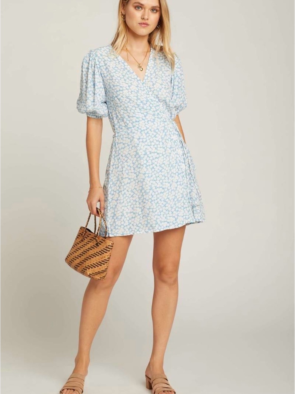 Faithfull the Brand Pale Blue Floral Wrap Mini Dress